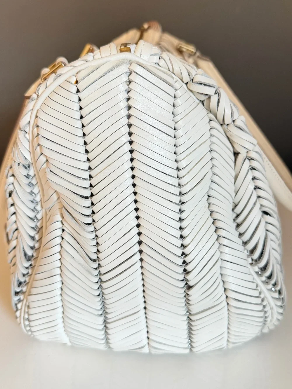 Anya Hindmarch White Cream Sydney Neeson Leather Mesh Boston Satchel Bag MINT